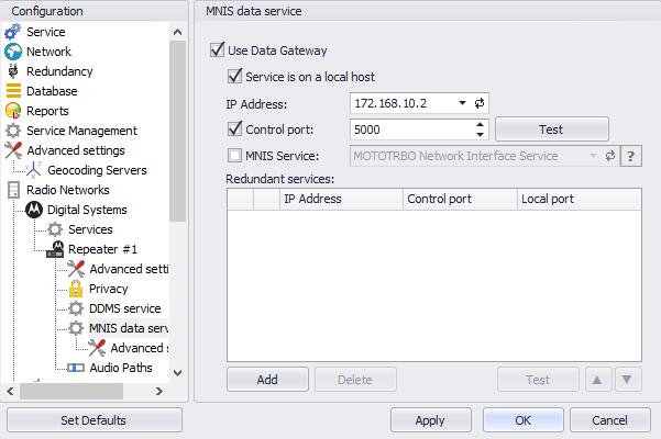 Configuring TRBOnet Enterprise 5.1.1.4 MNIS Data Service Click Add and specify the required parameters for the DDMS service being added. Click Test to test if the selected DDMS service is available.