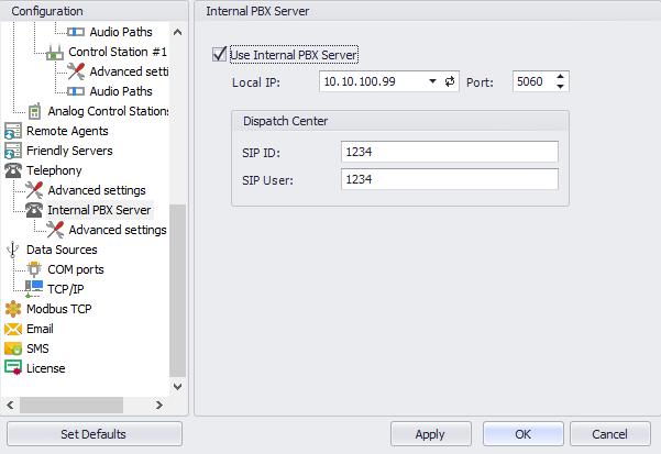 5.1.3.1 Internal PBX Server Make sure the Internal PBX Server option is selected in the Telephony pane. In the Configuration pane, select Internal PBX Server.