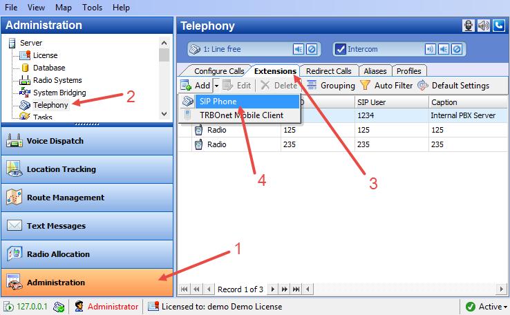 Configuring TRBOnet Enterprise 5.2.3 Registering SIP extensions This section describes how to add SIP extensions to TRBOnet Dispatch Console. Go to Administration (1), Telephony (2).