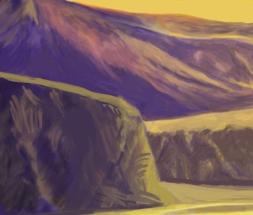 Adding small brushstrokes to rough-in the cliff forms Painting redder colors on the sky 5Painting the cliffs, beach, and sky. Next, paint the cliff and hill forms in the middle ground.