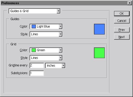 276 LESSON 10 Creating Special Effects 3 In the Grid section of the dialog box, for Color, choose Green. For Gridline Every, enter a value of 2. For Subdivisions, enter a value of 1.