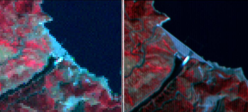 Spatial Resolution = 30 m Spatial Resolution = 15 m Which image has better spatial resolution?