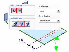 For Bend Line, click your sketch line. Adjust the Flip Controls and Fold Location as needed to match the bend preview as shown. NOTE: Clicking the highlighted buttons produces the correct result. 10.