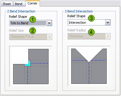 Sheet Metal Styles Dialog Box Corner Tab The following options are available in the Sheet Metal Styles dialog box, Corner tab: Two Bend Intersection Relief Shape Select a shape that defines the