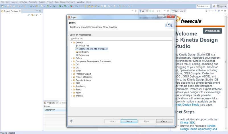 Fig 3. Select Existing Projects into Workspace in Kinetis Design Studio IDE 6.