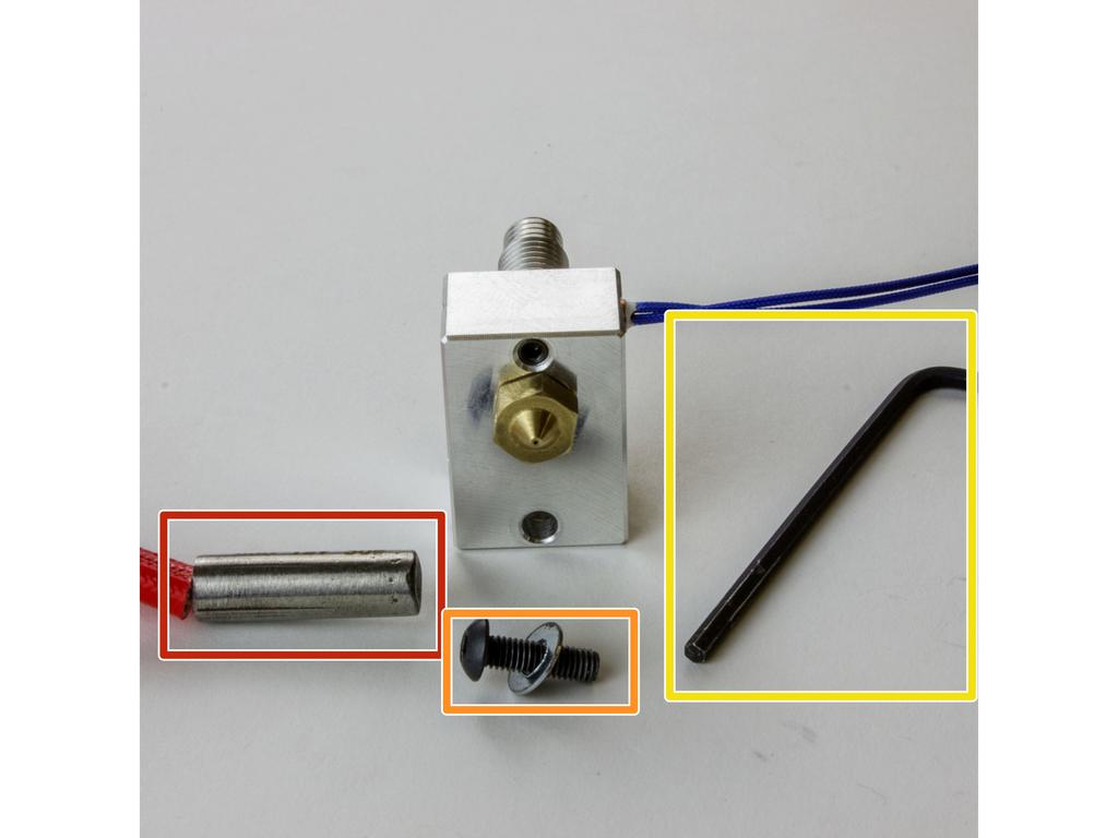 Step 10 Gather Heater Cartridge Parts Gather heater block, heater cartridge, 2.5mm hex key and M3x10 screw with washer: Heater Block Heater cartridge 2.