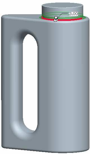 The final Round feature is the base of the bottle neck. 81. From the Feature toolbar select Round Feature. 82. Select the edge shown in the illustration. 83.