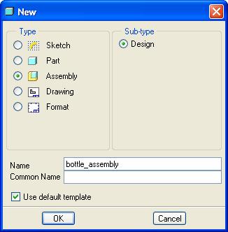 Bringing both the bottle and cap together requires the creation of an Assembly. Task 15: Creating the bottle assembly in Pro/ENGINEER 30. From the Pro ENGINEER top toolbar left-click Create New File.