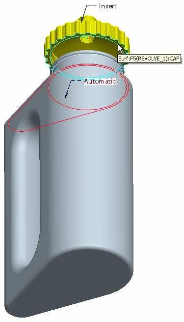 when the face is pre-highlighted left-click to select it. Pro/ENGINEER will now automatically create an Insert assembly constraint and move the cap accordingly. 43.
