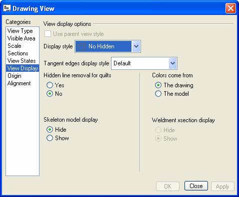 In the Categories section of the Drawing View dialog select View Display. 14.