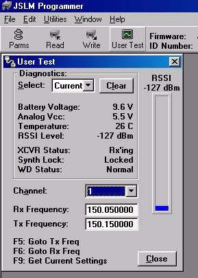 Figure 3-8 RNet JSLM User Test Screen Diagnostic parameters include: Battery Voltage - Supply voltage (in volts) Analog Vcc - Analog Circuits regulated 5V line Temperature - Internal case temperature