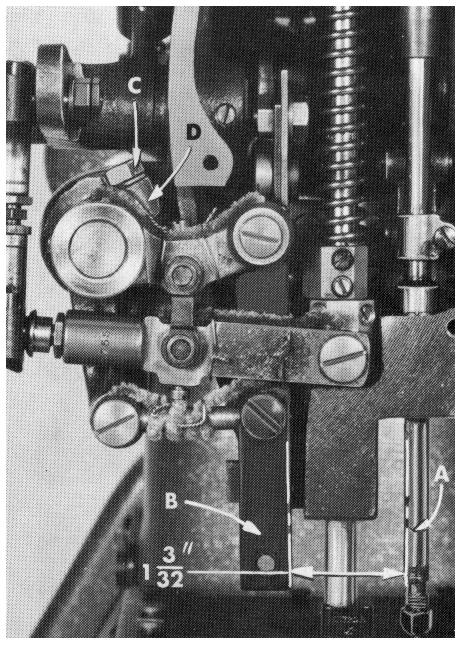 5 53800B, above the top of the throat plate. Then tighten nut (B) securely. The bell crank lever ball joint (A, Fig. 7) should be in the center of the upper feed bell crank lever (B).