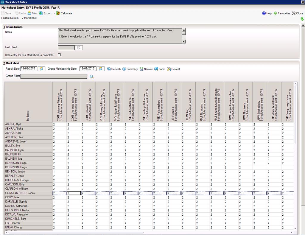 A marksheet with the Year R pupils is displayed (or the User Defined Group that was created earlier) and columns relating to the 17