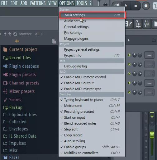 FL STUDIO 1) Launch FL Studio 2) Go to Options and select Midi Settings.