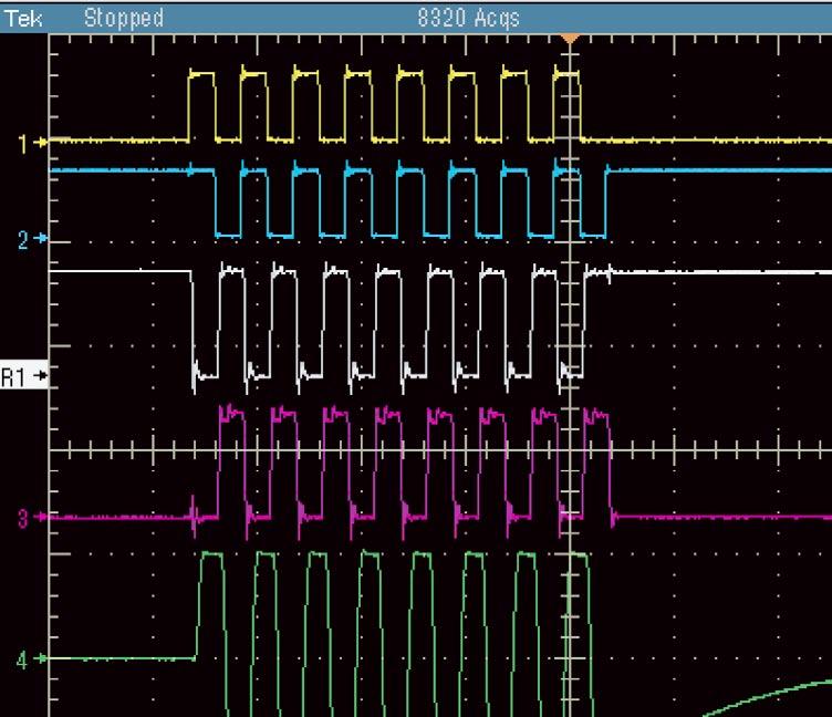Figure 7: DB1 Waveform CH1: 5./div CH2: 5./div CH3: UOA 10./div REF1: OUB 10./div CH4: HVOUT 100./div Recorded by TEK TDS5104B 2.5GS/sec P6243 1GHz Probes 1K//120pF load, at 200ns/div Horizontal. inc.