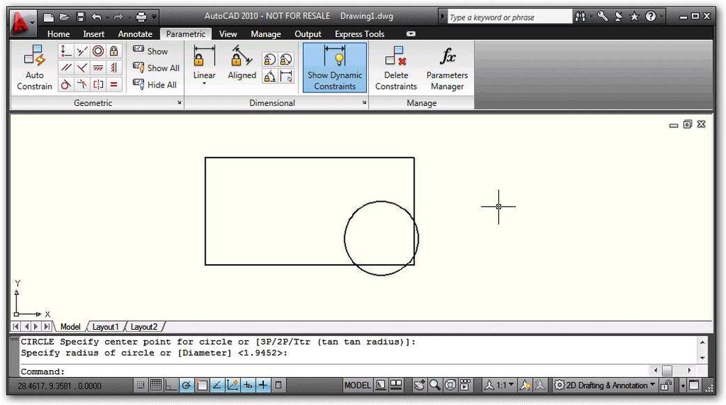 1. Start AutoCAD 2010 with a new drawing in the default 2D Drafting workspace and the acad.dwt template file. 2. Draw a circle with the Circle command, and then a rectangle with the Rectang command.