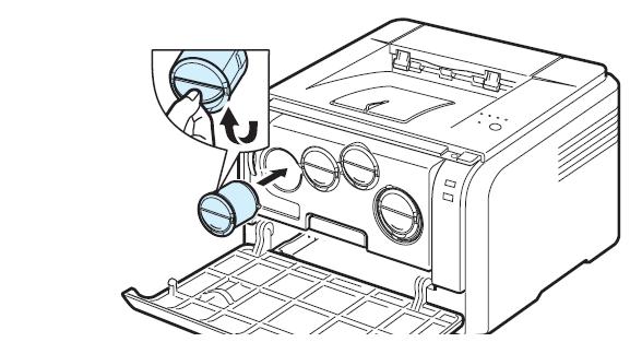 7. Luaţi cartuşul de toner şi potriviţi-l deasupra fantei corespunzătoare din imprimantă. Introduceţi-l la loc în fantă până când se fixează. 8. Închideţi capacul din faţă.