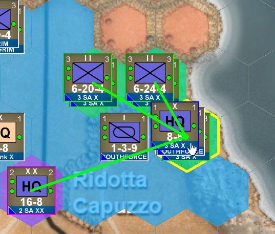 The green under the hexes of the 3rd SA Brigade HQ and the two hexes to the NW of that hex, means that all units in those three hexes are subordinate to the 3rd SA Brigade HQ.