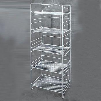 Folding Basket Merchandiser Display Rack Model NO.: DBD007 Overall Dimensions: 53"H x 18 7/8"W x 12 1/4"D Shelves: 5 Color: Silver, White, Black, Red, Blue, Brown, Gray or other colors.