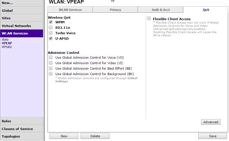 For WLAN s supplying Enterprise-level security Privacy, the following settings are selected: 1 Navigate to VNS>WLAN Services and click on the name of the services you have defined.