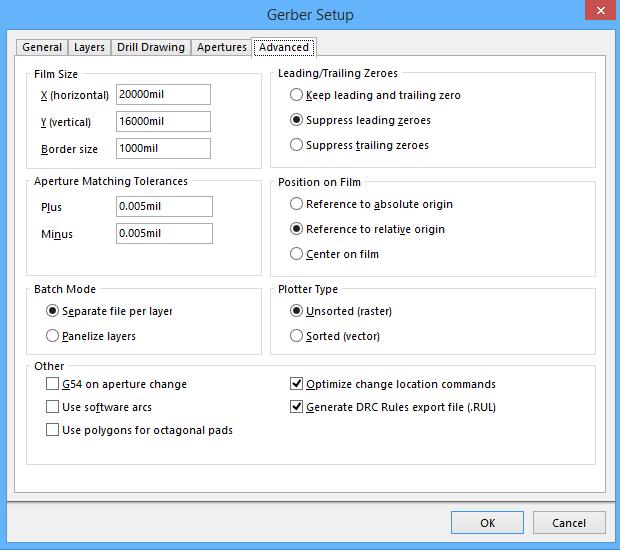 The Advanced tab of the Gerber Setup dialog Use this tab to specify options, such as film size, position on film, and plotter type, to be used during Gerber generation.