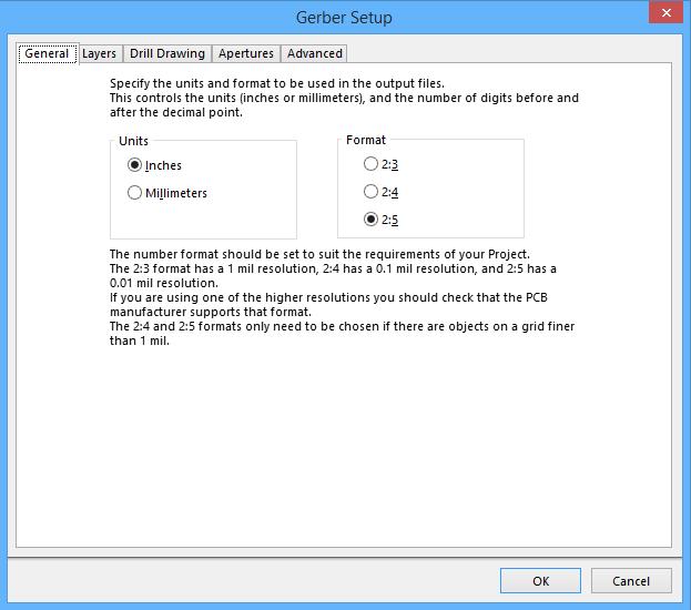 The General tab of the Gerber Setup dialog Units Use this region to choose the inherent units used in the generated file: Format Inches - enable this option to use imperial units, where all work is