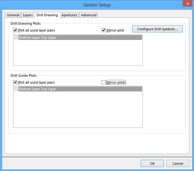 The Drill Drawing tab of the Gerber Setup dialog Use this tab to specify drill drawing is required. Mirrored plots can also be specified.