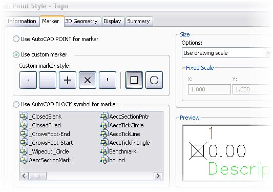 AutoCAD Civil 3D 2009 Education Curriculum NOTES Your client prefers a different symbol to indicate a spot elevation. 6. Click the Box option in the custom marker section of the dialog box.