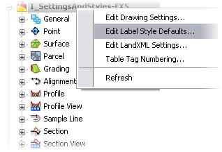 Right-click the drawing name at the top of the Settings View. Click Edit Label Style Defaults. 29. Expand the Components tree.
