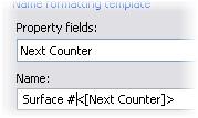 Other objects have multiple properties that can be used for default names. 20. Click Insert. 21. Click in the Name field to the left of the Next Counter. 22. Enter Surface #.