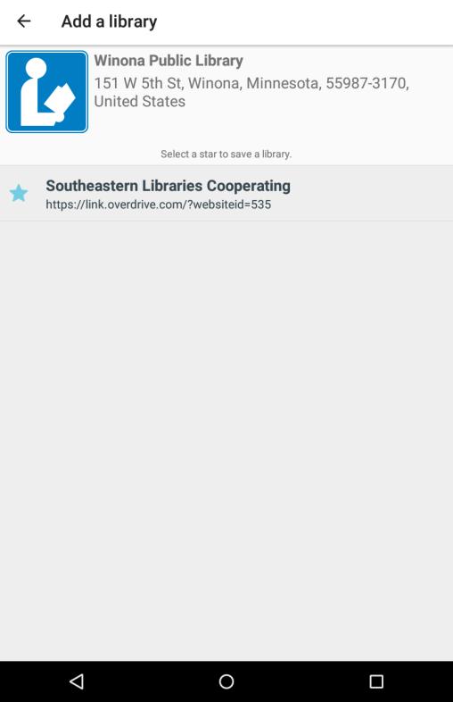 Tap the star to save Southeastern Libraries Cooperating as your favorite. Catalog appears.