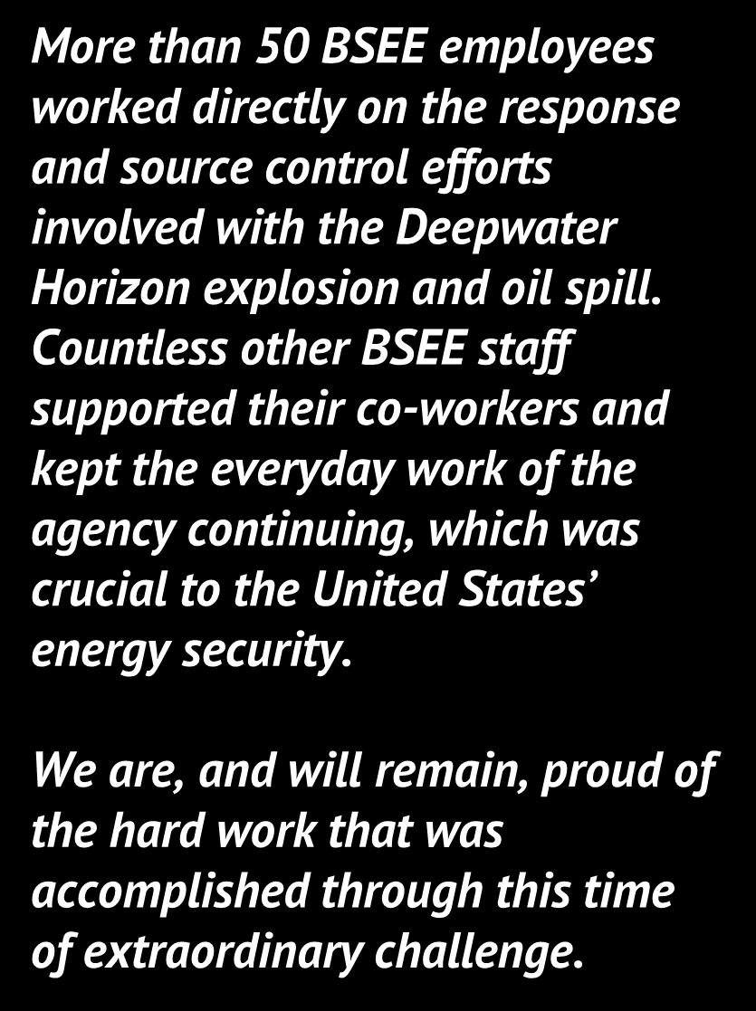 More than 50 BSEE employees worked directly on the response and source control efforts involved with the Deepwater Horizon explosion and oil spill.