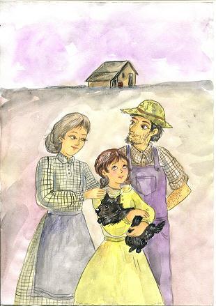 Dorothy lives in a small house in Kansas with Uncle Henry, Aunt Em and her dog Toto. There are often tornadoes in Kansas.