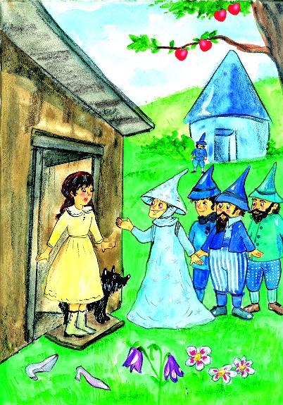 The house lands in a beautiful place. Friendly people live here. There are witches, too. Dorothy finds a pair of silver shoes near the house and puts them on.