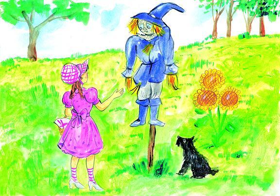 On the way, Dorothy meets a Scarecrow. He is hanging on a pole. The Scarecrow says, Hello. Dorothy asks, Can you talk?. With tears in eyes, the Scarecrow answers, Yes, I can, but I don t have a brain.