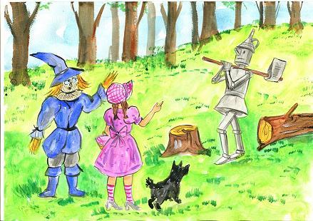 Next, they hear a strange noise in the forest. They see a Tin Man. Please help me, I need a heart, he says. Come with us, Dorothy says. The Tin Man asks, Where are you going?