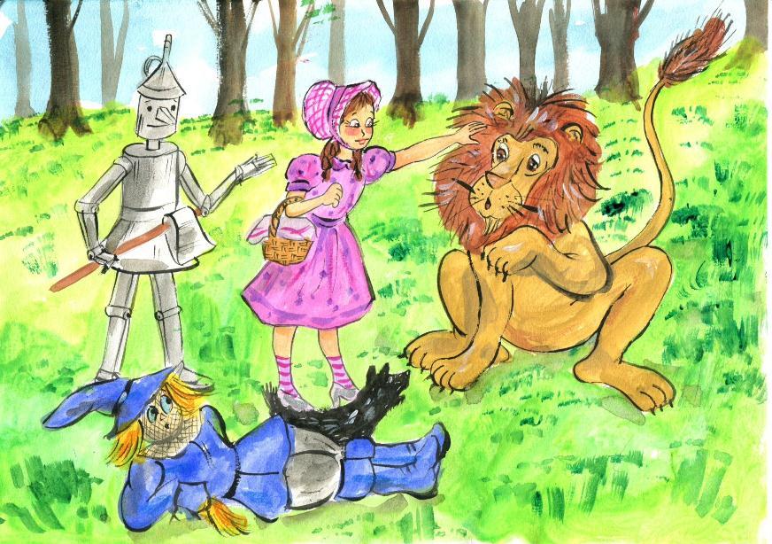 They keep walking. Suddenly, they hear a loud roar. A lion comes running and hits the Scarecrow with his big paw. You re a bad lion! shouts Dorothy. No, I m not. I m afraid of everything.