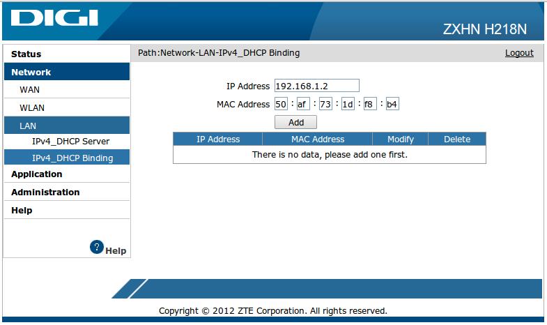 2.2 În secțiunea Network LAN IPv4_DHCP_Binding avem posibilitatea de a specifica adresa IP ce va fi alocată la fiecare conectare (unei camere web de exemplu), identificarea camerei web