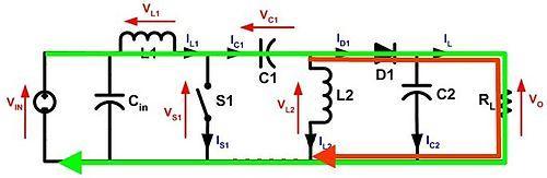 Fig 3: C1 discharges increasing current in L2 (red) and current increases through L1 (green) with S1 closed Hence the capacitor C1 delivers the energy to maximize the magnitude of the current in I L2