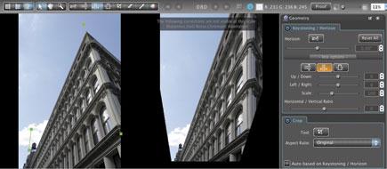 on the left, I drew lines (in green) to indicate where I wanted the edges of the building to line up. The image on the right shows how DxO Optics Pro 5.3 s Keystoning tools transformed the angles.