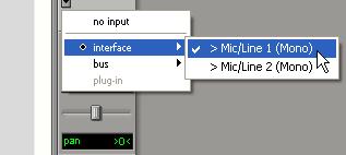 6 From the pop-up menu, select the interface input you want to record. For example, select Mic/Line 1 if your audio source is plugged into the first input of your M-Audio interface.