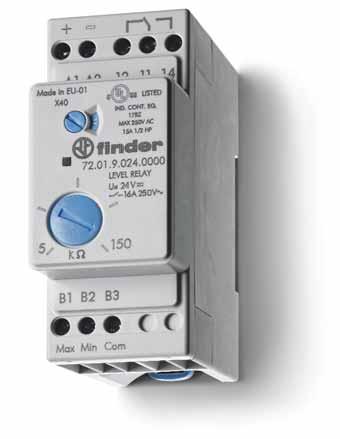 Features 72.01 72.11 Level control relays for conductive liquids 72.01 - Adjustable sensitivity 72.11 - Fixed sensitivity Emptying or filling functions LED indicator Reinforced insulation (6 kv - 1.