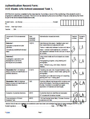 VCAA Authentication Record Sheet It gives the student a hard copy of their progress alongside there ongoing assessment/feedback It also covers the teacher if there are any issues with the student