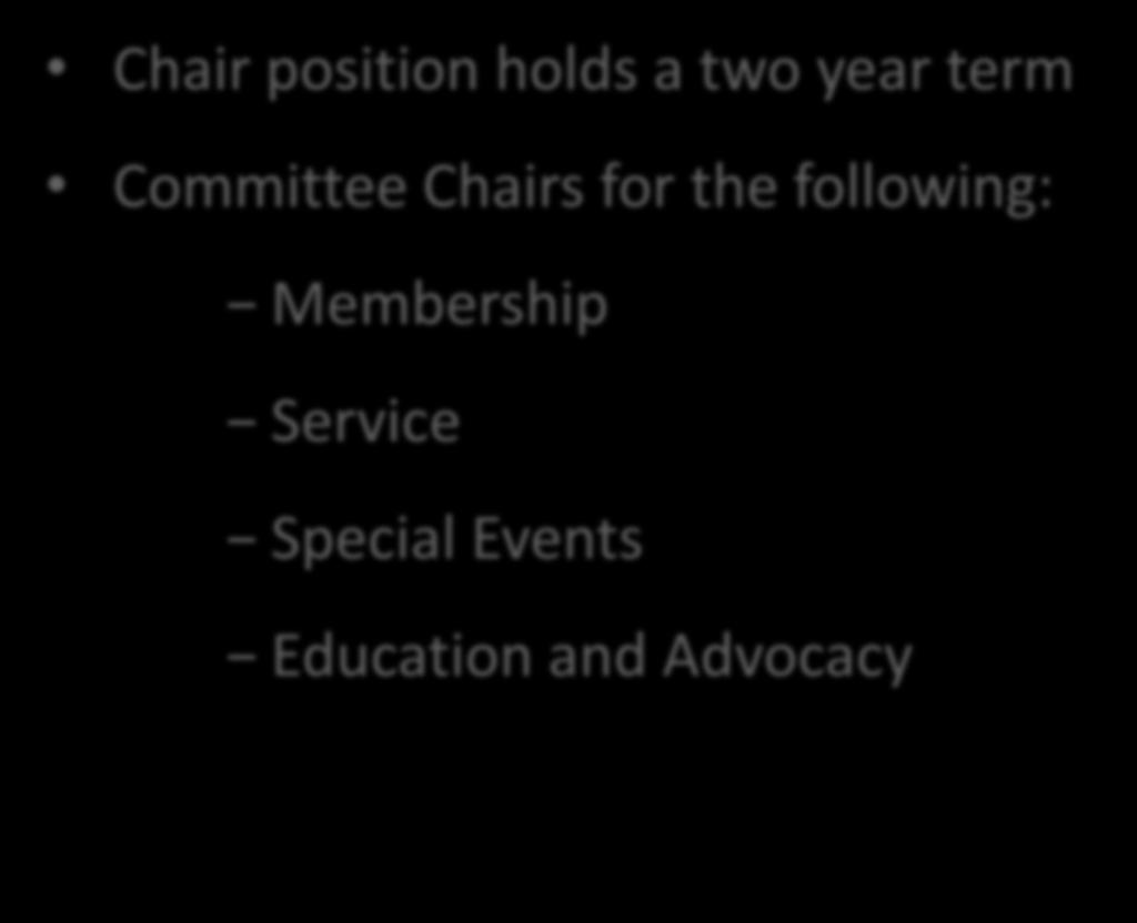 Leadership Structure Chair position holds a two year term Committee Chairs