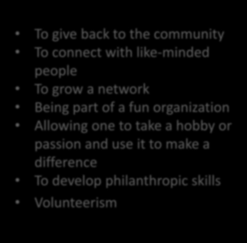 connections A desire to support the Portland community To be a part of a highly successful group To give back to the community To connect with