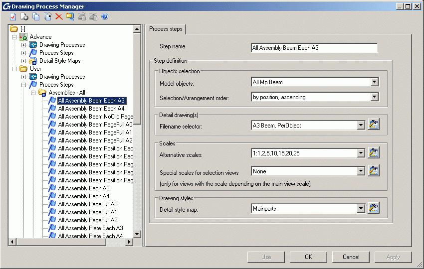 The main dialog box of the Drawing Process Manager displays the prototypes from the Standard, Country AddIn and User categories in a tree structure.