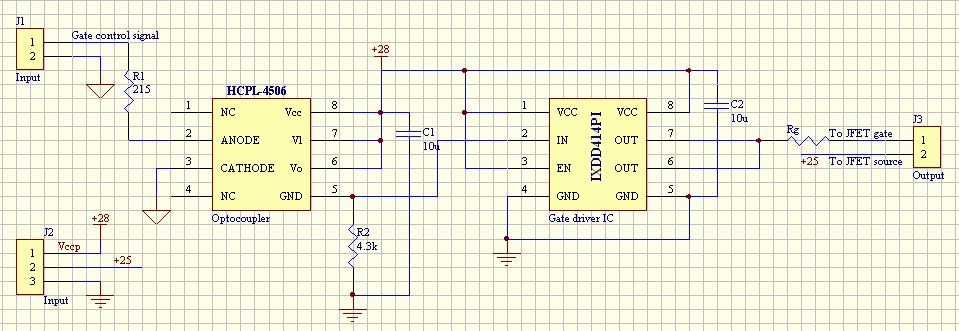 (c) (d) Figure 4-21. Gate drive circuit for SiC JFETs. A gate driver IC IXDD414 is used in this work. The design is shown in Figure 4-21.