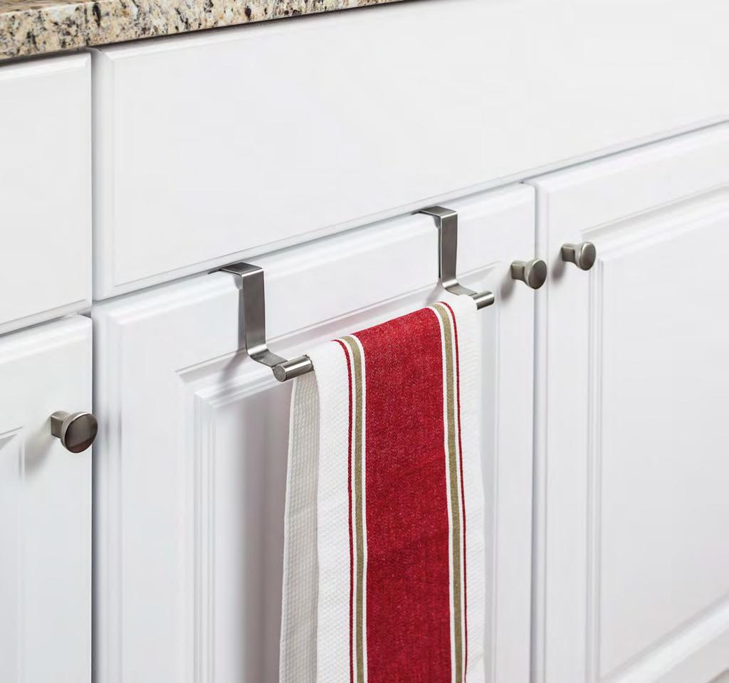 Over the Door Towel Bar Easy Install Retail Packed Lifetime Warranty Stainless Steel construction No screws required simply hang it over the cabinet door Fits standard cabinet doors &
