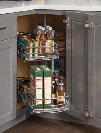 Transform the corner cabinet from cumbersome to a versatile usable space by combining the convenience of a drawer with the benefits of a lazy susan.