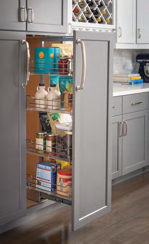 Cabinet Pantry : Premium Chrome Pullout Features soft-close slides 175 lb total weight capacity Smooth quiet opening and closing motion Integrated door mounting brackets* Heavy duty wire baskets with